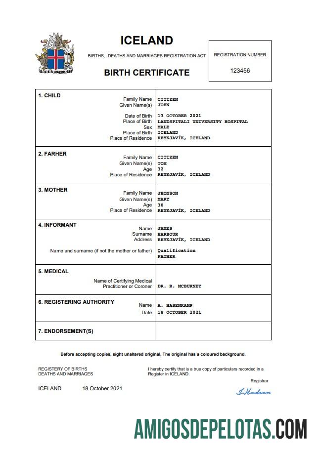 Certidão de nascimento da Islândia, palavra e PDF modelo